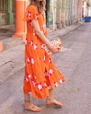 Pre-owned Oliphant V Neck Maxi Dress In Mela Orange - Size S