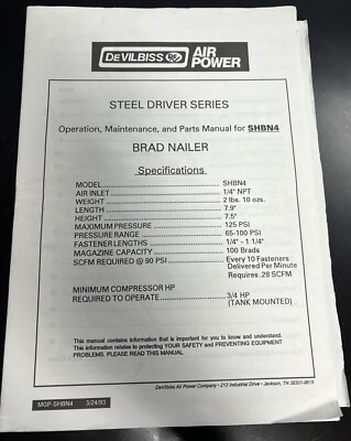 DeVilbiss Air Power Operation Maintenance and Parts Manual for SHBN4 Brad Nailer
