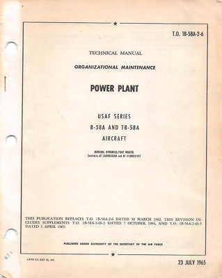 B-58/TB-58 ''Hustler'' Power Plant Maintenance Air Force Manual Flight Manual -CD