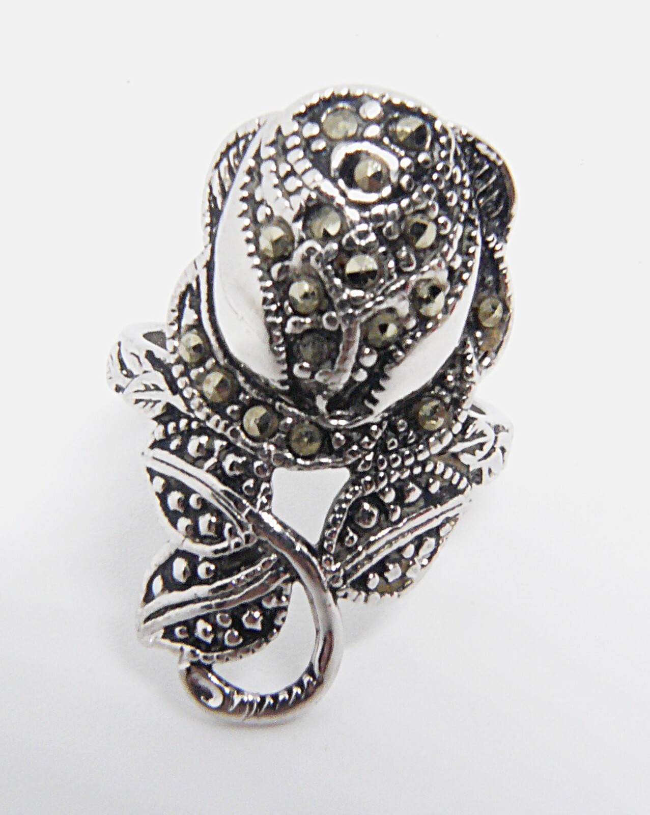 M CASABLANCA MONOGRAM RING 常田 Vintage 18K HGE Marcasite Silver Flower Rose Ring Size 7