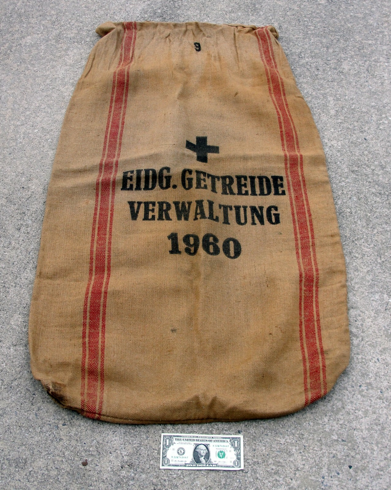 VINTAGE 1960 SWISS FEDERAL GRAIN ADMINISTRATION JUTE FLOUR SACK BAG HUGE SIZE
