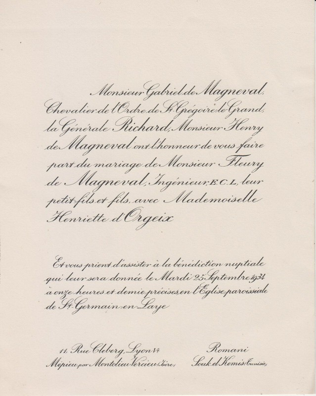 1934 Faire-Part Mariage Fleury De Magneval & Henriette De Thonel D'Orgeix.