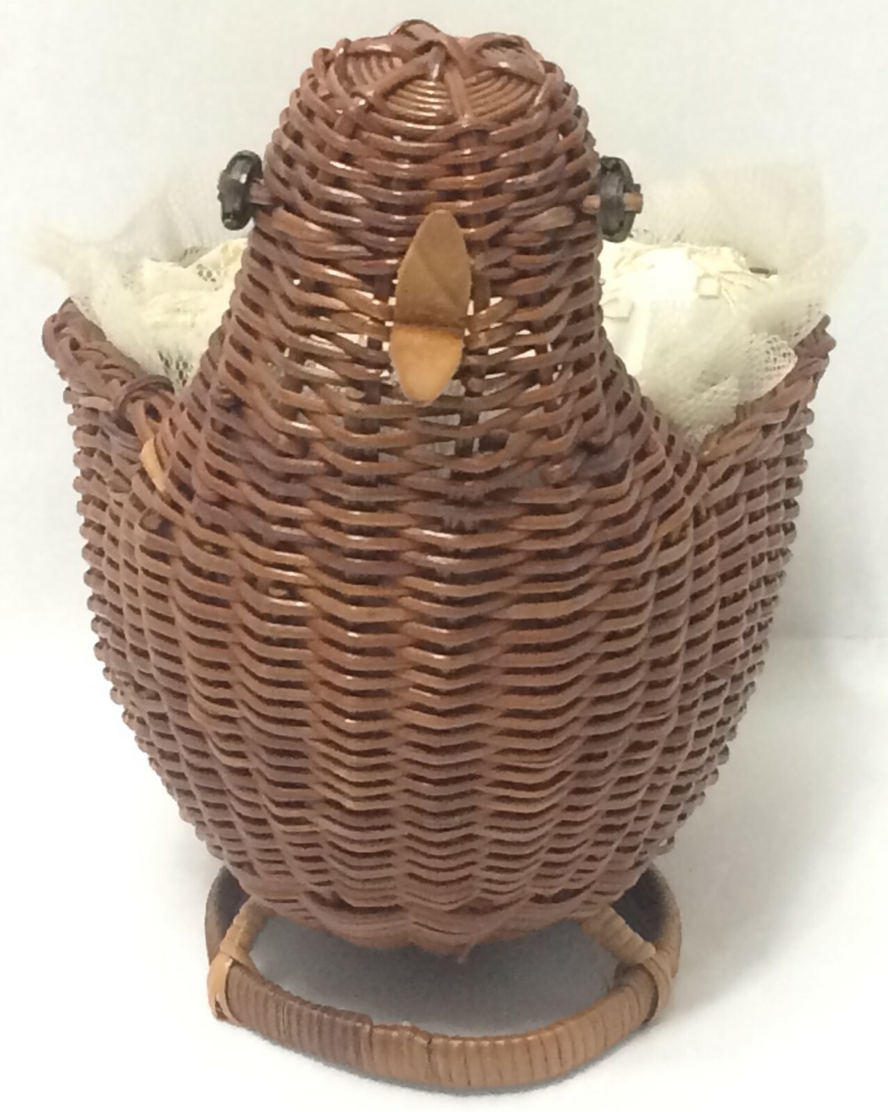 vintage 7 inch wicker chicken basket with blue and pink satin sewing pin cusion