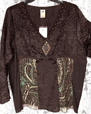 26W-28W-3X FADED GLORY CRUSHED SATIN VELOUR BURNOUT CRINKLE CHIFFON BEADS TOP