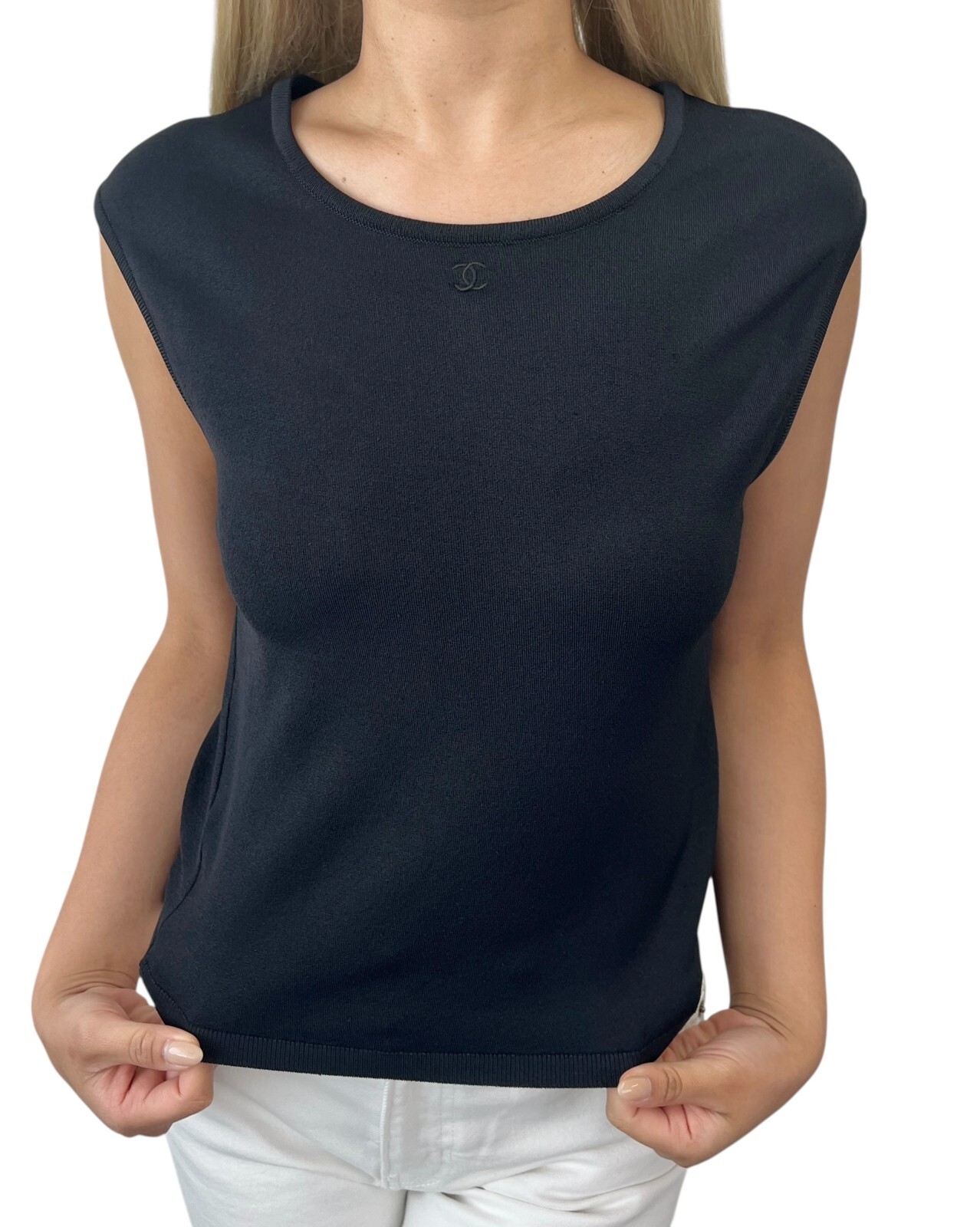 CHANEL Vintage 98P CC Logo Knit Tank Top #42 Round Neck