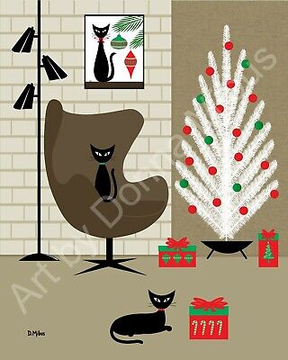 Donna Mibus Art Print Mid Century Modern Christmas Holiday Black Cats White Tree