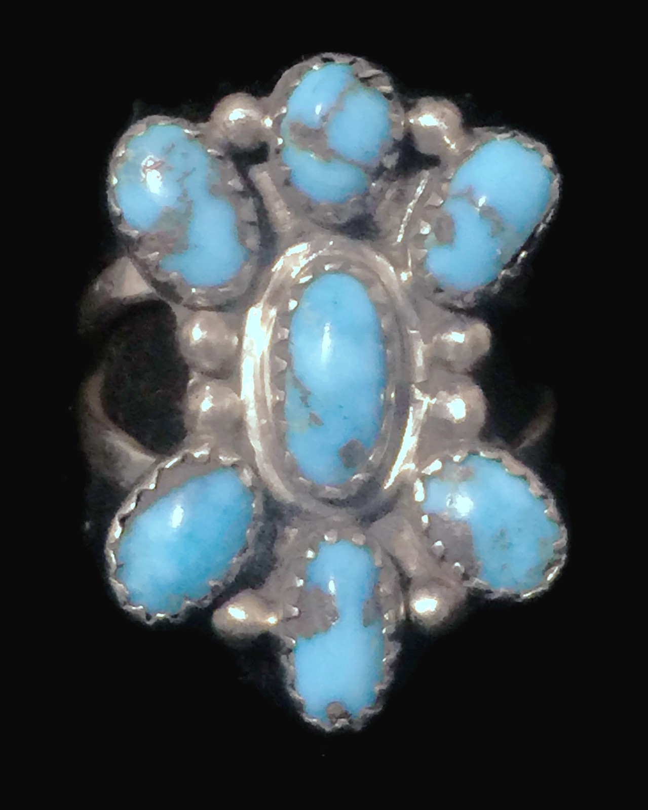 Vintage Flower Turquoise Petite Point Southwest Sterling Silver Ring Size 8.75