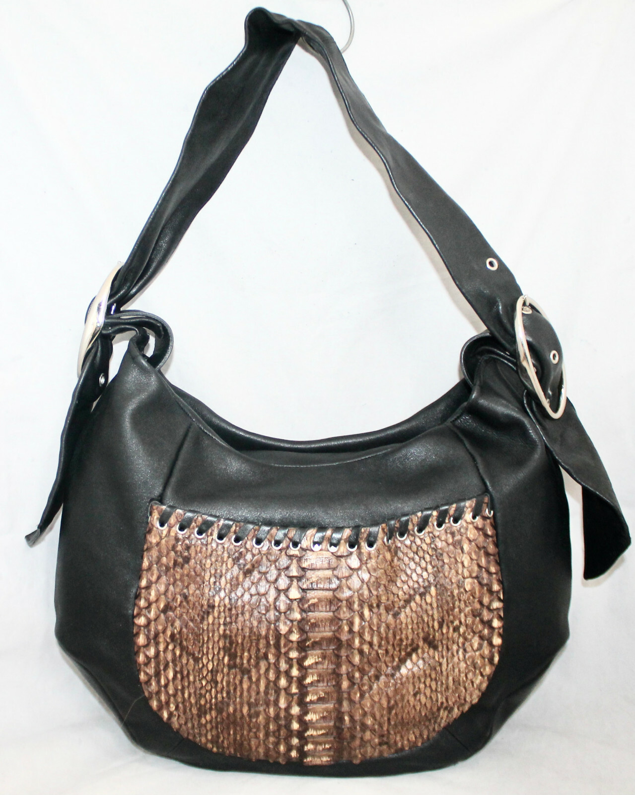 TUSCAN'S Black Leather & Brown Snake Embossed Hobo Shoulder