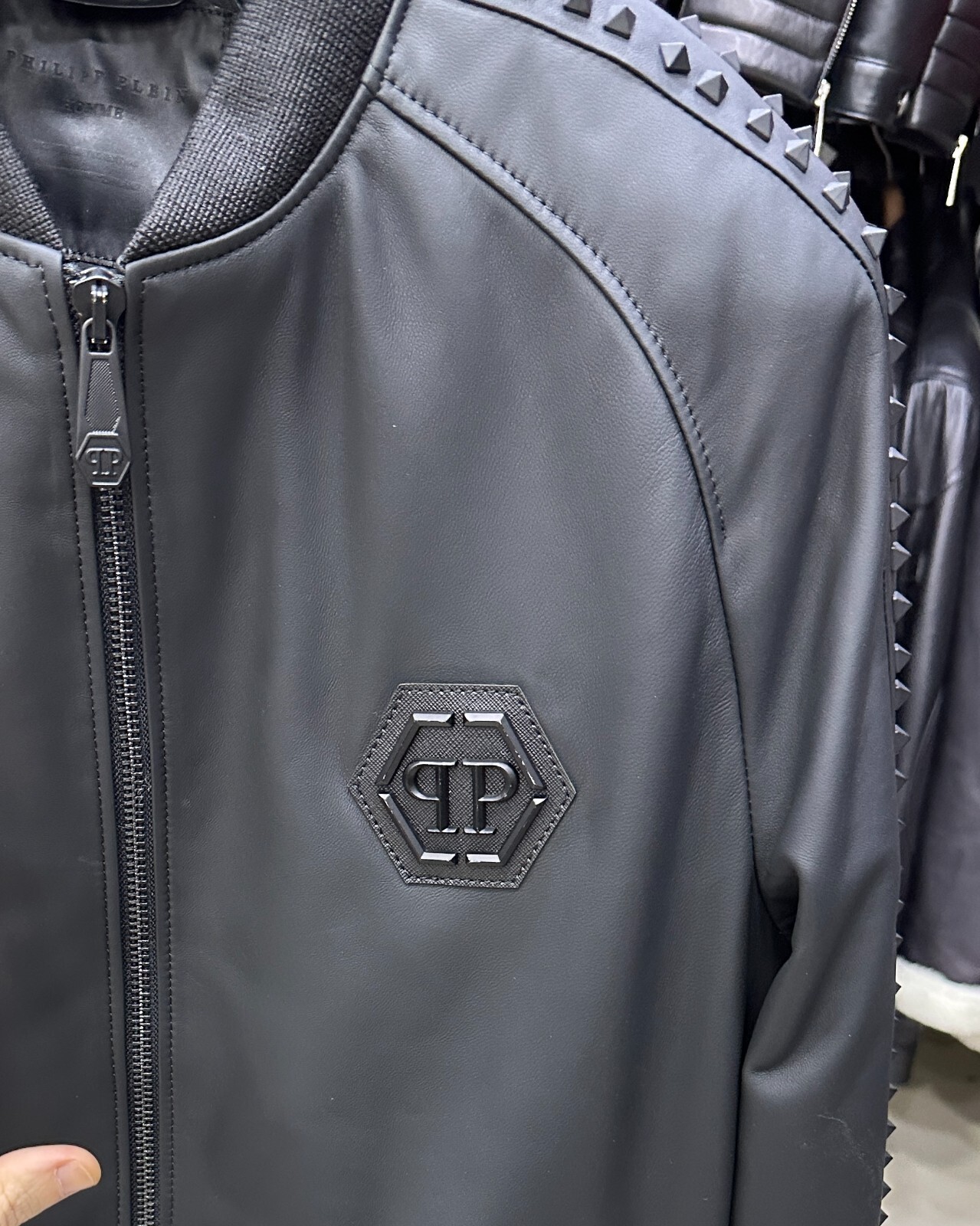 Philipp Plein Matte Black Studded Lambskin Men's Genuine Leather Bomber Jacket