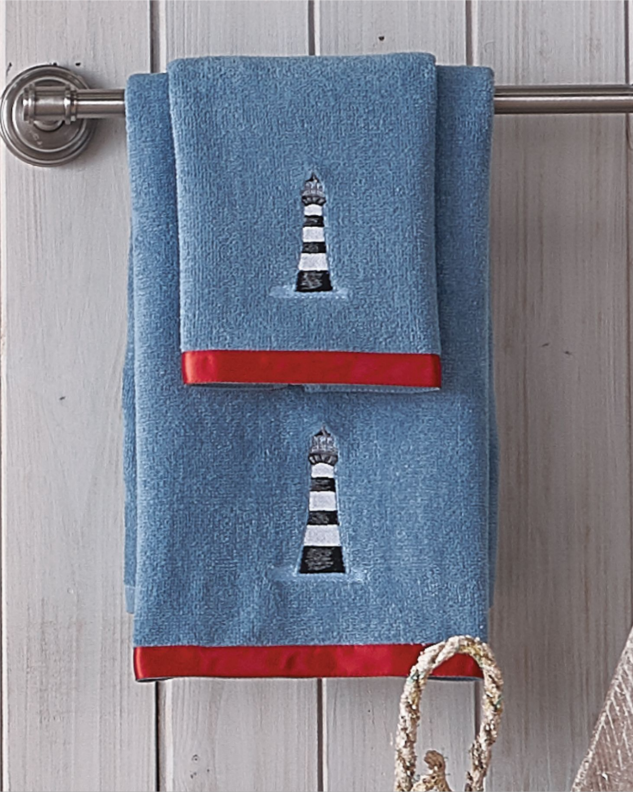 3pc Blue Cape Cod Nautical Lighthouse Towel Set Bath Hand Washcloth on blue NIP