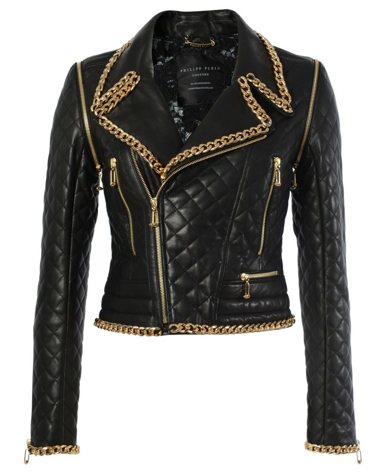 Pre-owned Philipp Plein Women's Genuine Leather Gold Trim Mickey Motorcycle Biker Jacket In Black