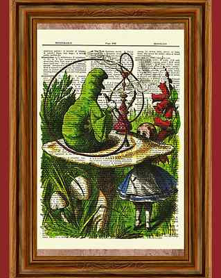 Alice in Wonderland Dictionary Art Print Book Picture Poster Caterpillar Smoke