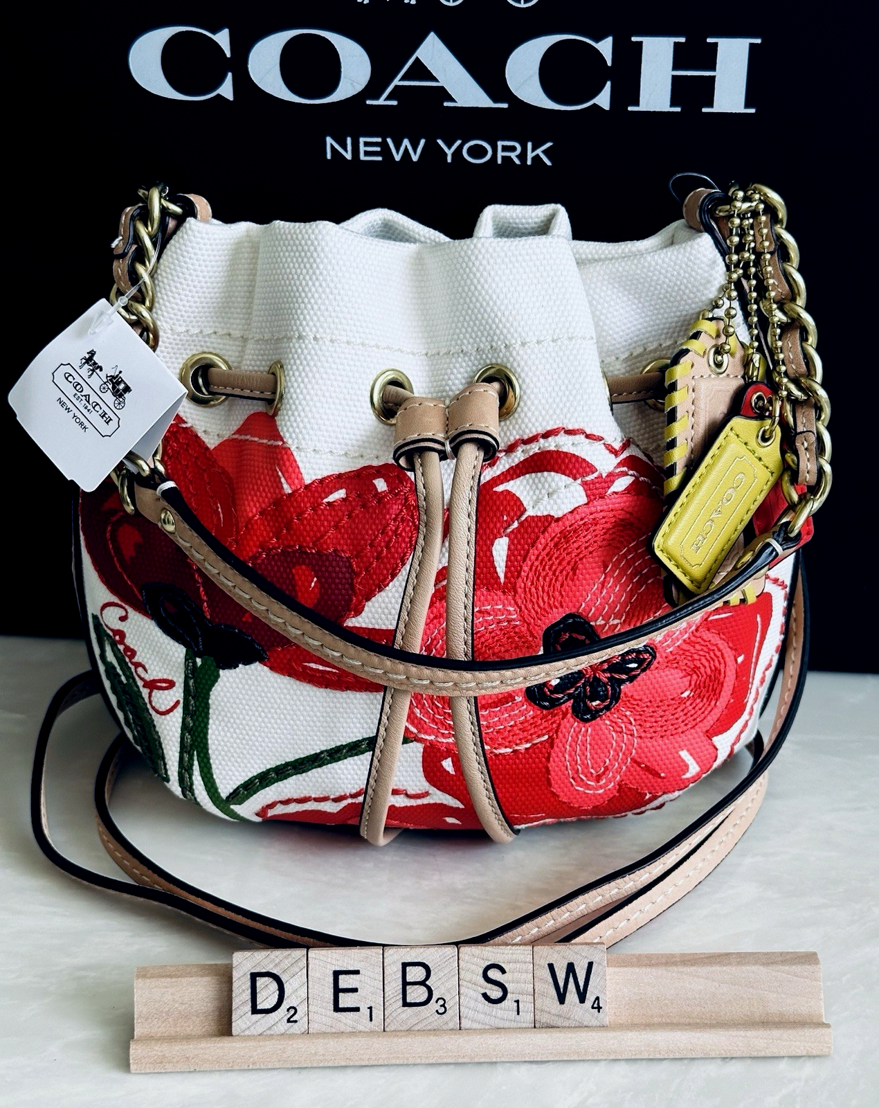 バッグ COACH Poppy Accessory Pouch flower charm COACH POPPY FLORAL DRAWSTRING POUCH BAG MULTI VACHETTA LEATHER