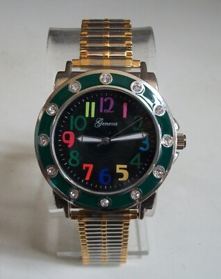 Men Or Women Color Number Dial Silver & Gold Finish Stretch Band Fashion Watch