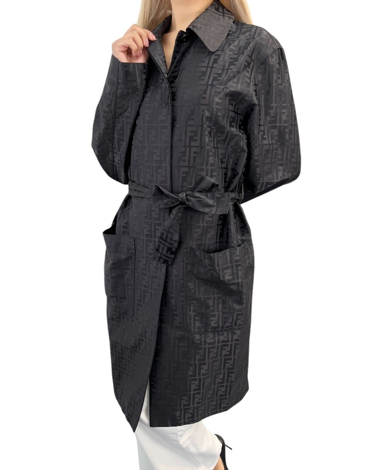 FENDI Vintage FF Logo Zucca Monogram Trench Coat #38 Long