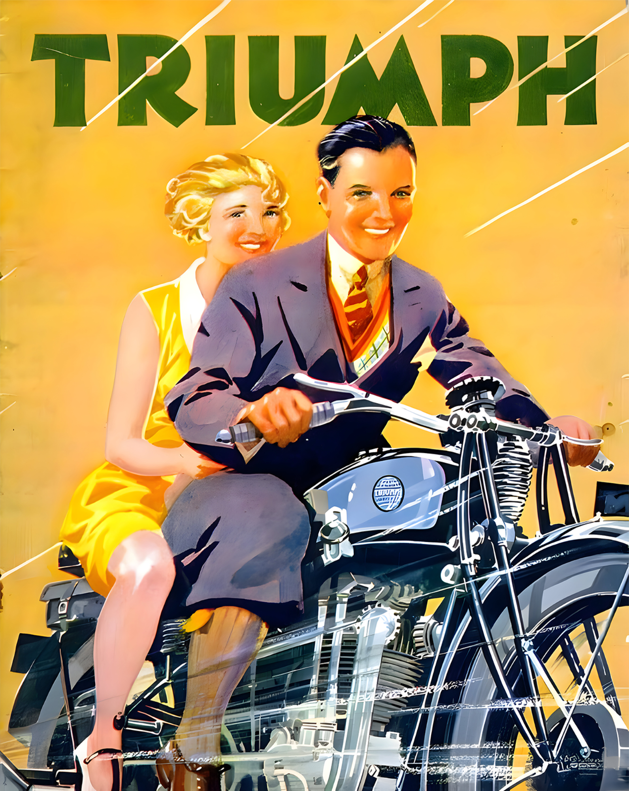 1930 Triumph Motorcycle Poster - Couple Rider Wall Art - 12X16