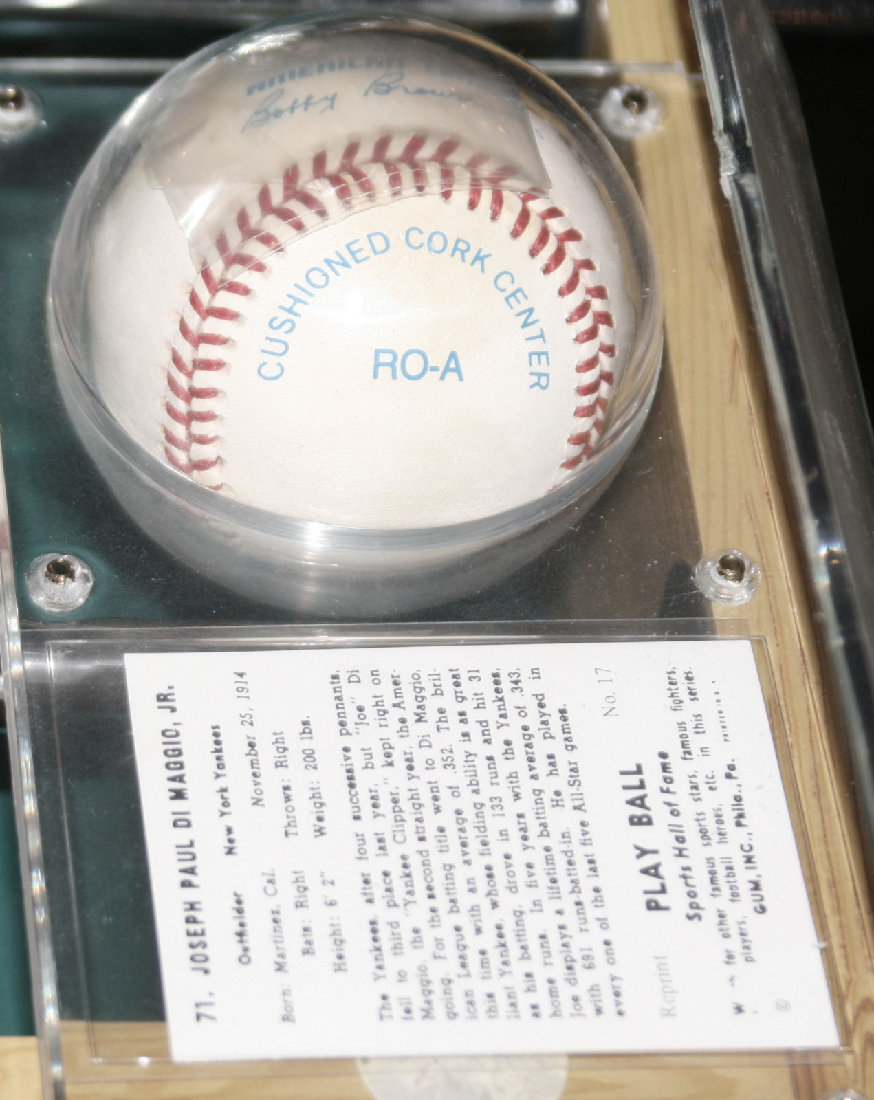 BASEBALL AND CARD HOLDER AND DIMAGGIO CARD