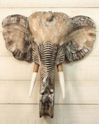 Wooden Whitewashed Hand Carved Elephant Wall Bust Sculpture Hanging Decor Statue