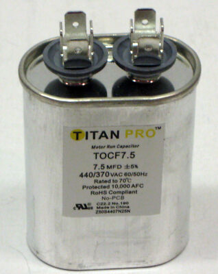 TitanPro TOCF7.5 HVAC Motor Run Oval Capacitor. 7.5 MFD/UF 440/370 Volts