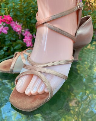 Eckse Strappy Latin Ballroom Dance Shoes, Netting, Champagne, Size 7, 2.5'' Heels