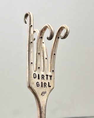 Funny Garden Marker, DIRTY GIRL, recycled Fork stamped and Curled, Flower pots