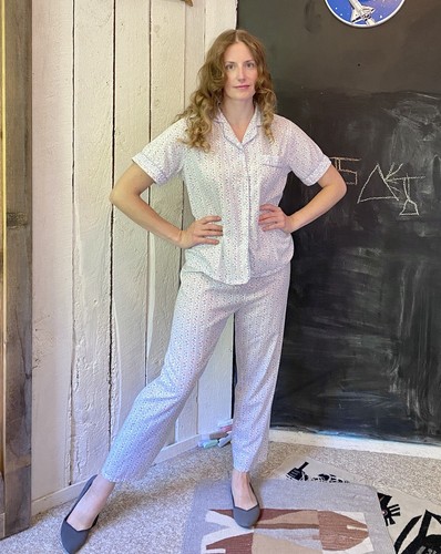 Vintage 70s Blue Floral Stripe Short Sleeve Pants Pajama Set