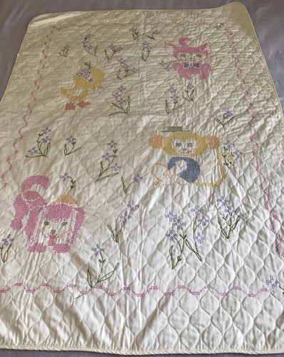 Vintage Hand Cross Stitched Baby Crib Comforter Quilt Yellow Animals Flowers