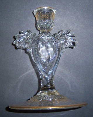 Press Glass Single Candle Holder Candlestick Gilt / gold trim fan scrolls heart