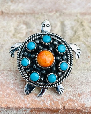 Turtle Pendant with Turquoise and Spiny Oyster Size 6| 925 Silver | Ocean Charm