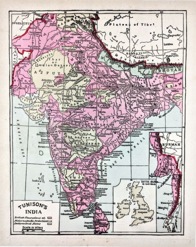 1891 India Map ORIGINAL British Possessions Pakistan Madras Calcutta RAILROADS