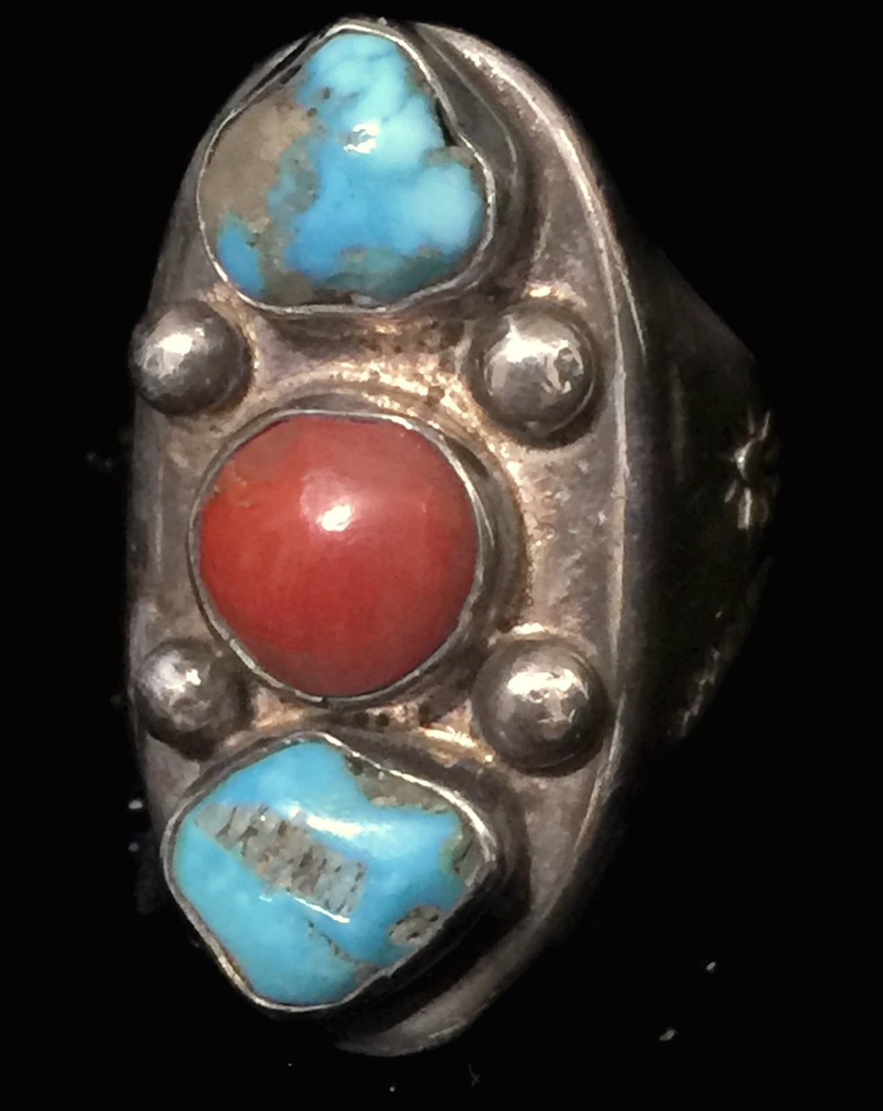 Turquoise Coral Ring Vintage Southwest Sterling Silver Size 8.50 Men