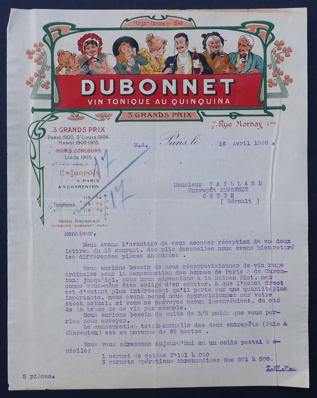 Facture 1908 Dubonnet Quinquina Paris  Morrnay  Art Nouveau Billhead 10