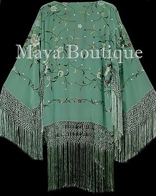 Pre-owned Maya Matazaro Embroidered Silk Fringe Jacket Kimono Tiffany Green Hand Dyed  Usa