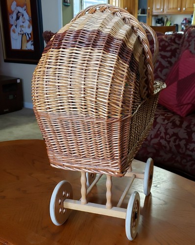 Vintage Wicker and Wood Baby Doll Carriage Stroller Wooden Rubber Wheels Basket