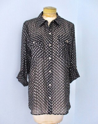 NWOT Tommy Hilfiger Black Tiny Silver Stars Silky Poly Blouse Top Roll Tab Slv M