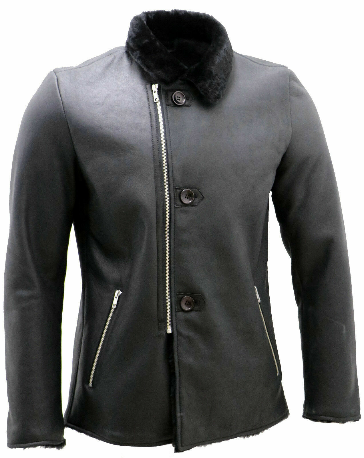 Pre-owned Claw Intl Mens Luxury Leather Black Aviator Merino Sheepskin Jacket Sale Price
