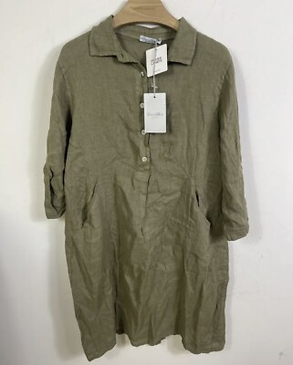 Elena Baldi sz S Small 100% Linen Dress Womens Green Roll sleeve Italy Pockets