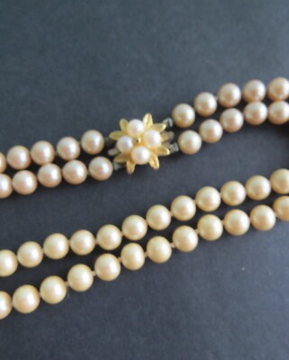 Vintage Double Strand Hand Knotted Faux Cream Pearl Necklace