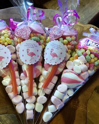 10 X Clear Bag Flamingo  Themed Pre Filled Sweet Cones Personalised