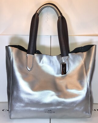 Coach F59388 Large Derby Tote Metallic Silver Soft Pebbled Leather Shoulder Bag