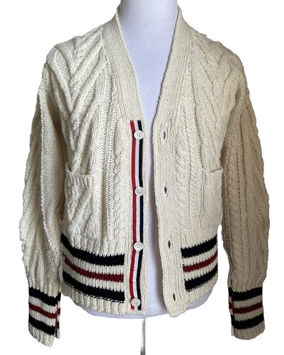 Pre-owned Thom Browne Men Open Knit Wool Blend Cardigan Sweater White L ( 3 ) Ireland