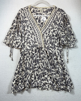 Boho Floral Top Womens 1X Sky and Sand V-Neck Cottagecore  Flutter Sleeve NWT