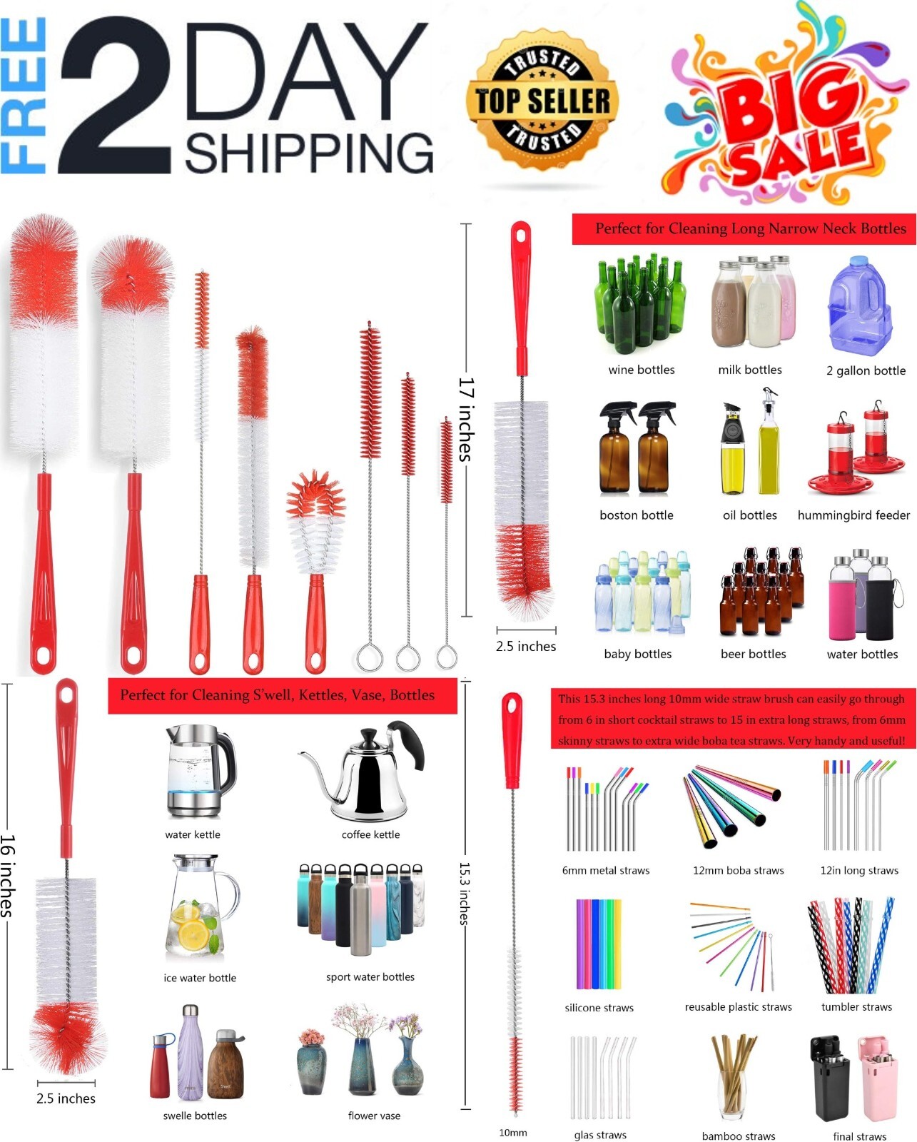 5 Pack Red Bottle Brush Cleaner Set Long Large Cleaing for Thermos Water Bottles