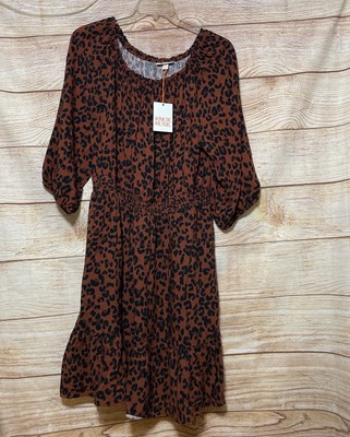 Women's Long Sleeve A-Line Dress Knox Rose Dark Brown Leopard Print Plus Sz XXL