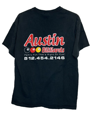 Gildan T-Shirt Men's Large Black 100% Cotton Austin Billiards Short Sleeve *Flaw