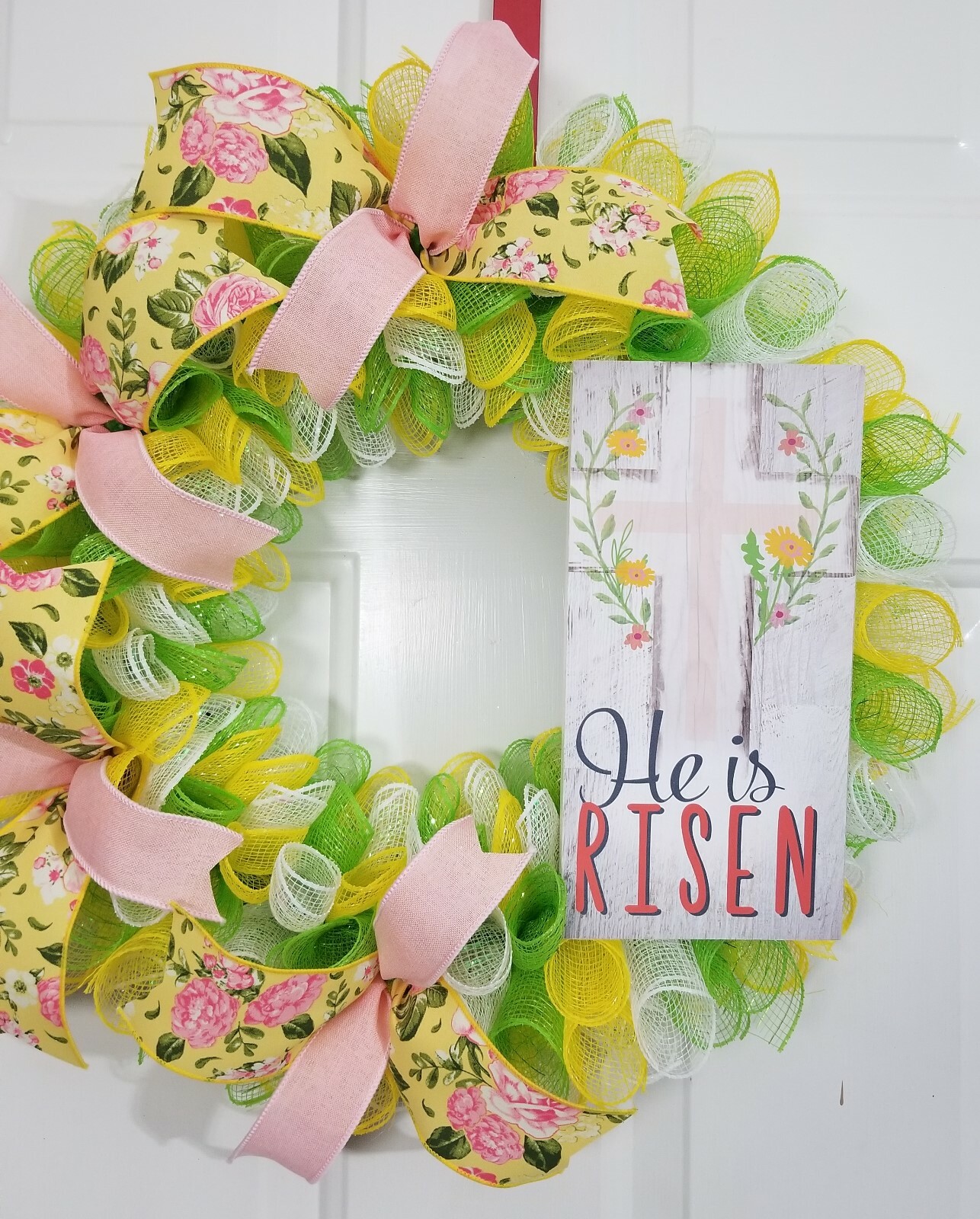 Spiral Spring Holiday Easter Jesus Religious He Is Risen Floral Deco Mesh Wreath