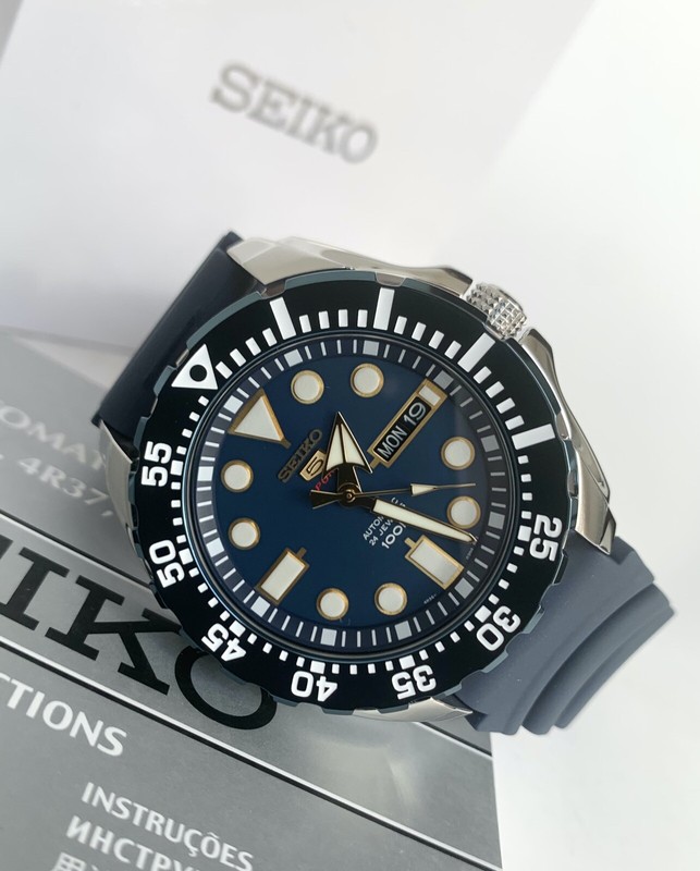 Pre-owned Seiko 5 Sports Srp605k2 Automatic Blue Bezel Rubber Strap Watch For Men