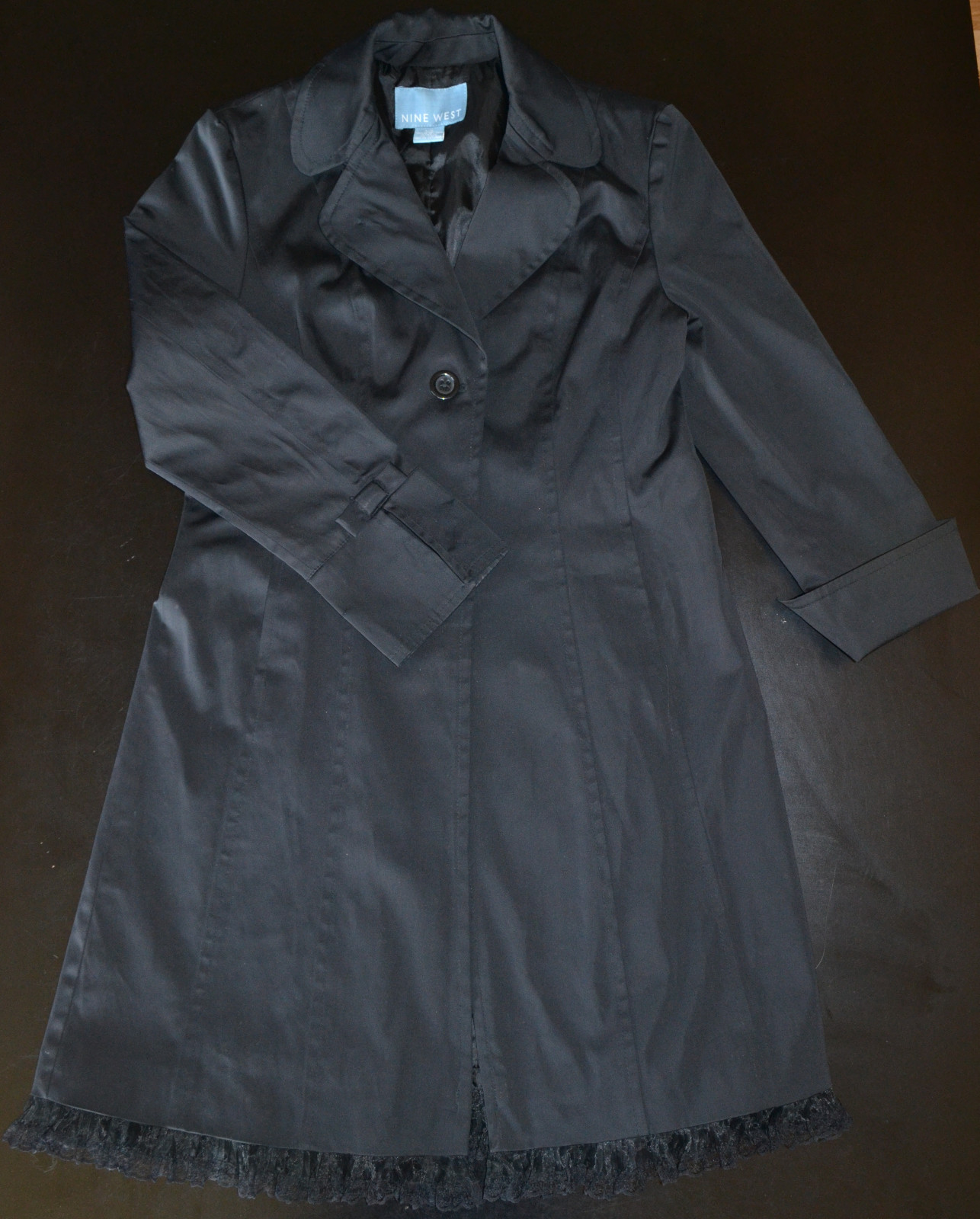 Womens M Nine West Black Trench Rain Coat Feminine Style w/Lace Hem & Bow Detail