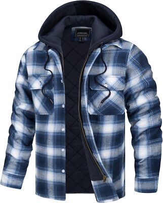 Men's Plaid Flannel Shirts Hoodie Fully Quilted Lined Jacket Winter Warm Shirts