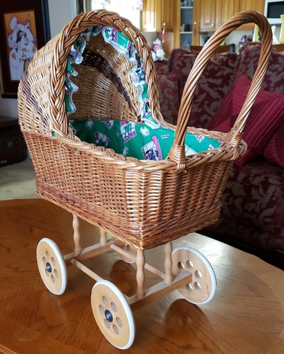 Vintage Wicker and Wood Baby Doll Carriage Stroller Wooden Rubber Wheels Basket